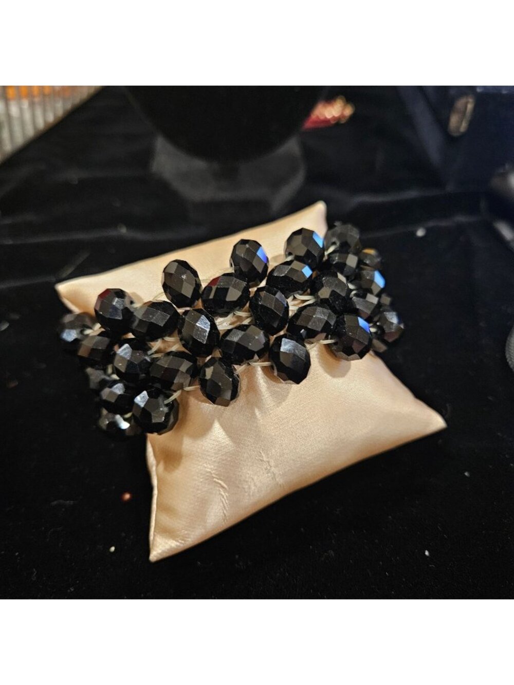 Black Crystal Beaded Stretch Bracelet With Faceted Beads Bold Statement 5 strand